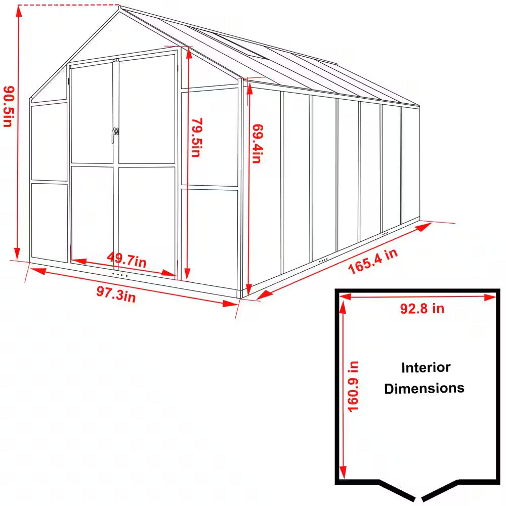 8 Ft. W X 14 Ft. D Polycarbonate Walk-In Greenhouse for Outdoors with 2-Adjustable Roof Vents, Gray