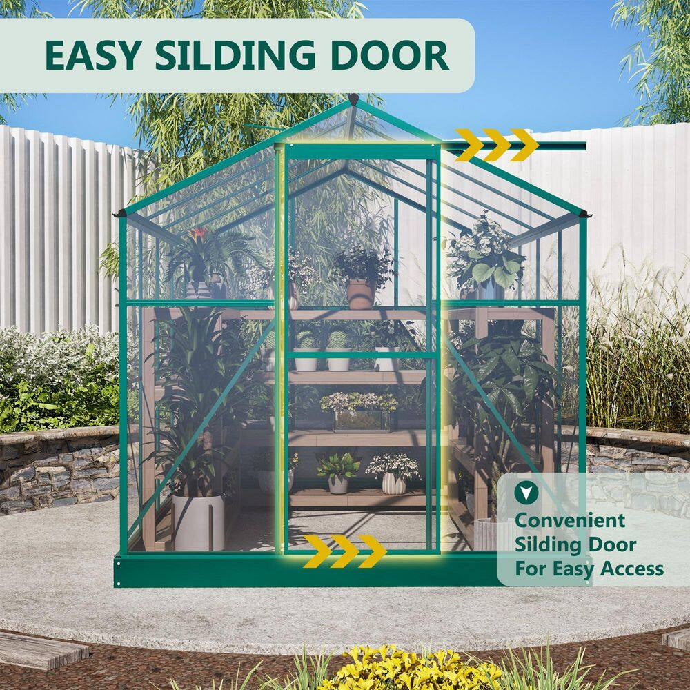 6 Ft. W X 8 Ft. D Outdoors Greenhouse Walk-In Polycarbonate Greenhouse, Green House Kit with Adjustable Roof Vent, Green
