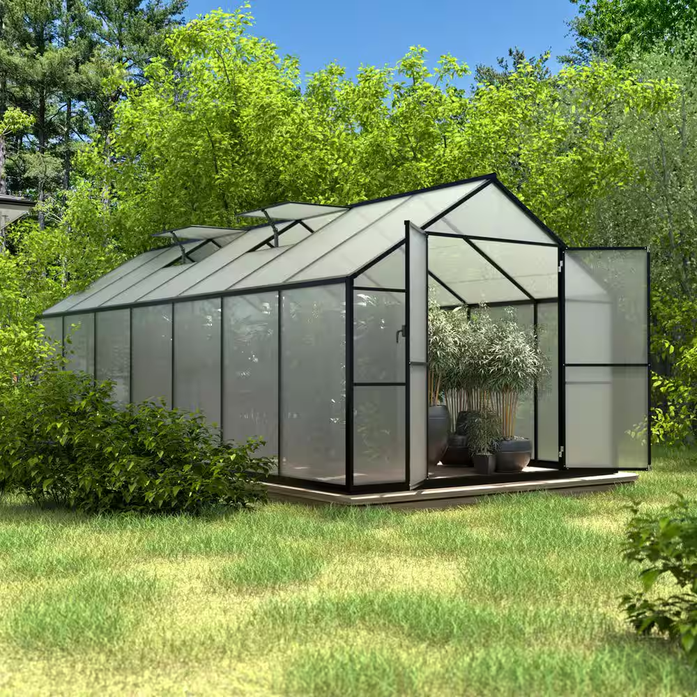 8 Ft. W X 14 Ft. D Polycarbonate Walk-In Greenhouse for Outdoors with 2-Adjustable Roof Vents, Gray