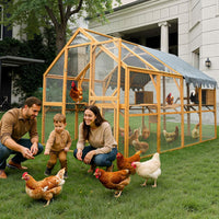 110"L Outdoor Large Chicken Coop with Waterproof Cover, Roosting Platform, Wire Mesh & 2 Lift Small Doors with Locks, Wood Chicken Coop House with Run for Cat Kitten Playpen, Duck, Rabbit, Quail