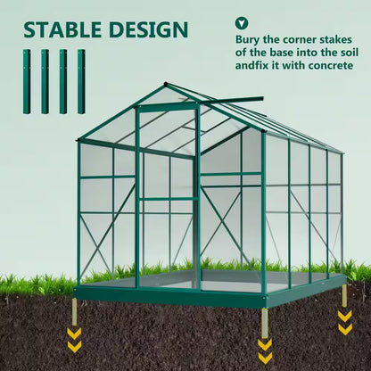 6 Ft. W X 8 Ft. D Outdoors Greenhouse Walk-In Polycarbonate Greenhouse, Green House Kit with Adjustable Roof Vent, Green
