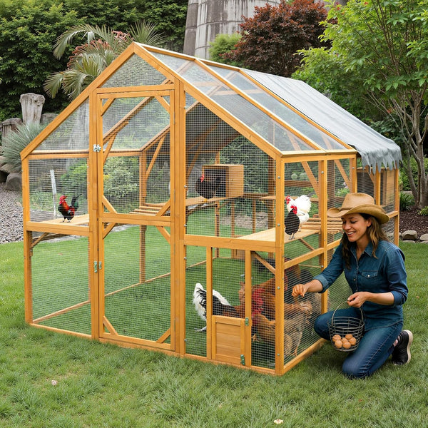 Outdoor Chicken Coop Designed for Multi-Pet Use, 110L x 75W, Waterproof Cover, Wire Mesh, Lockable Doors