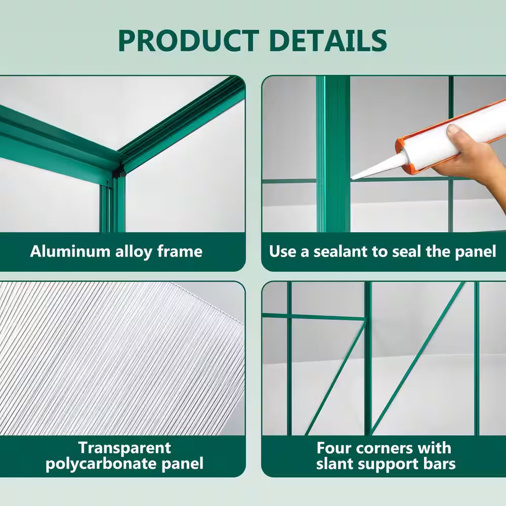 6 Ft. W X 8 Ft. D Outdoors Greenhouse Walk-In Polycarbonate Greenhouse, Green House Kit with Adjustable Roof Vent, Green