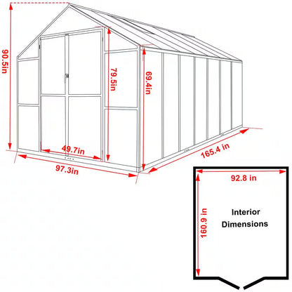 8 Ft. W X 14 Ft. D Polycarbonate Walk-In Greenhouse for Outdoors with 2-Adjustable Roof Vents, Gray