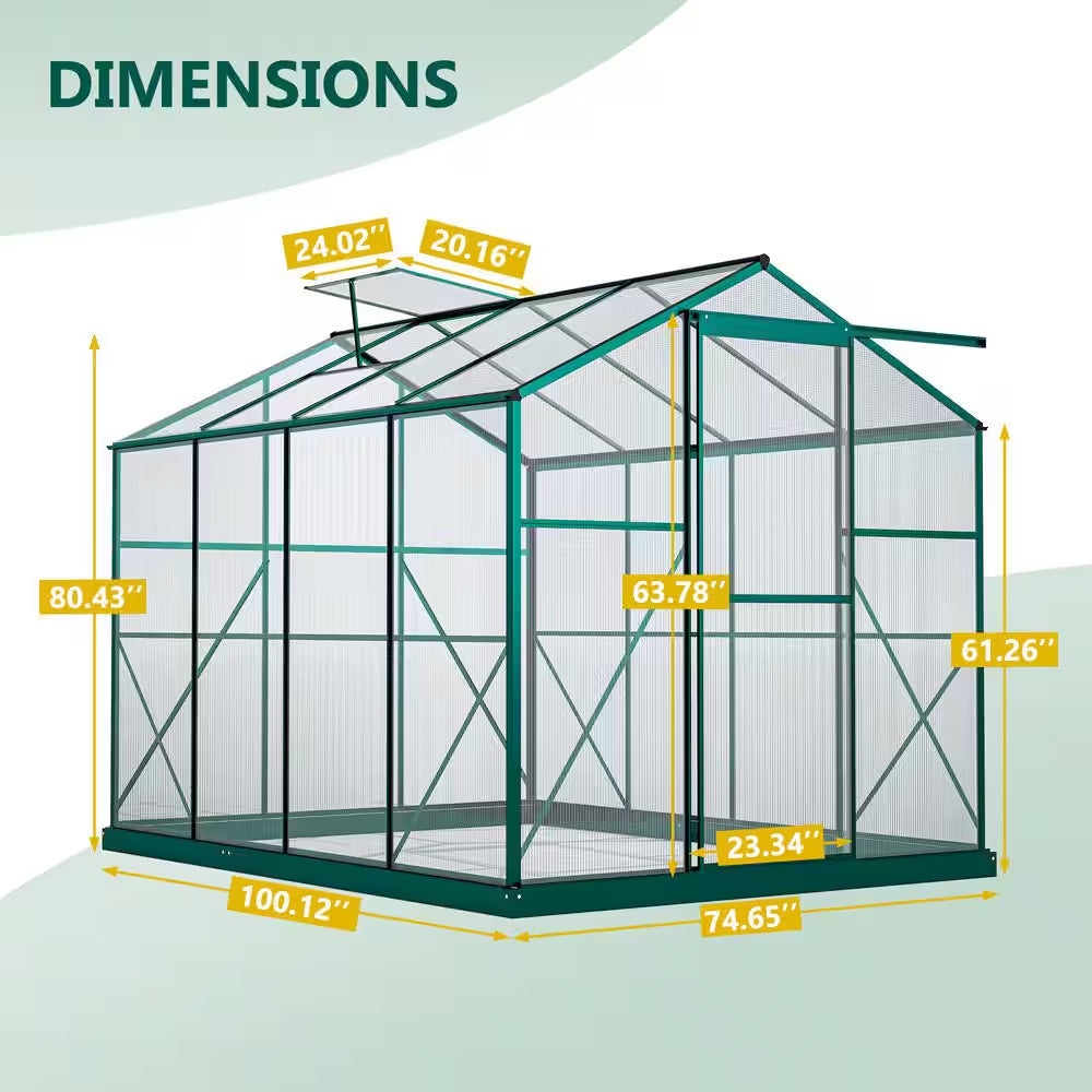 6 Ft. W X 8 Ft. D Outdoors Greenhouse Walk-In Polycarbonate Greenhouse, Green House Kit with Adjustable Roof Vent, Green