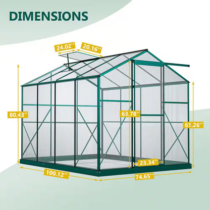 6 Ft. W X 8 Ft. D Outdoors Greenhouse Walk-In Polycarbonate Greenhouse, Green House Kit with Adjustable Roof Vent, Green