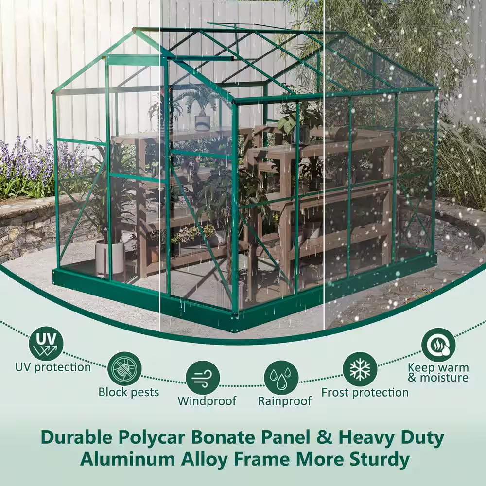 6 Ft. W X 8 Ft. D Outdoors Greenhouse Walk-In Polycarbonate Greenhouse, Green House Kit with Adjustable Roof Vent, Green