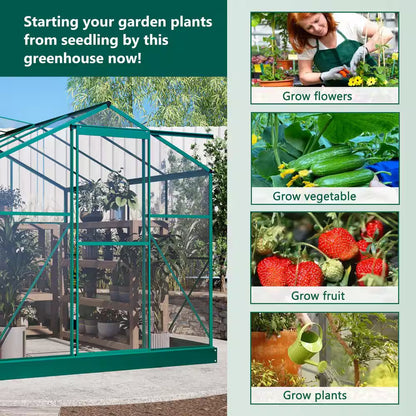 6 Ft. W X 8 Ft. D Outdoors Greenhouse Walk-In Polycarbonate Greenhouse, Green House Kit with Adjustable Roof Vent, Green